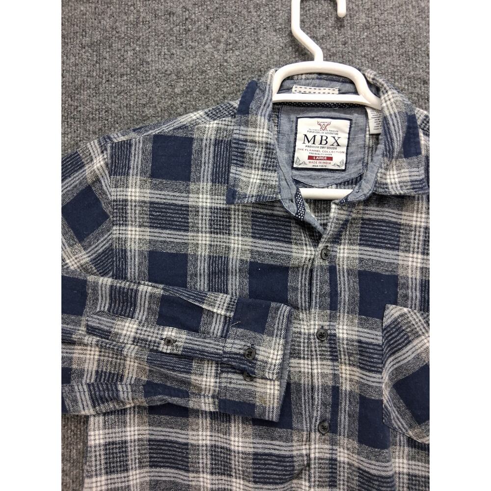 MBX Flannel Shirt Mens Large Button Up Blue Grey Plaid Long Slee e